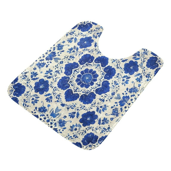 U-Shaped Toilet Mat Plush Bathroom Rug Mat Non Slip Bathroom Mats Blue and White Batik Pattern