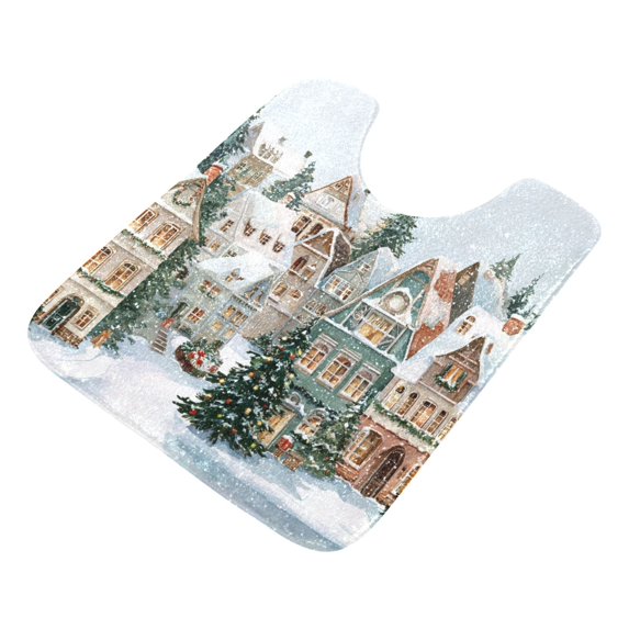 U-Shaped Toilet Mat Plush Bathroom Rug Mat Non Slip Bathroom Mats Cozy Winter Town with Snow