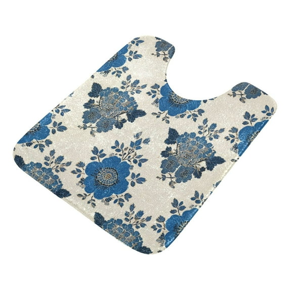 U-Shaped Toilet Mat Plush Bathroom Rug Mat Non Slip Bathroom Mats Elegant Blue Flowers Pattern