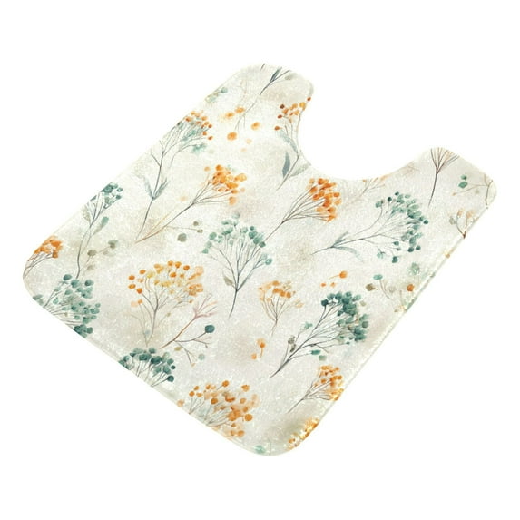 U-Shaped Toilet Mat Plush Bathroom Rug Mat Non Slip Bathroom Mats Green and Orange Small Flowers