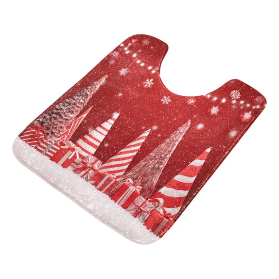 U-Shaped Toilet Mat Plush Bathroom Rug Mat Non Slip Bathroom Mats Red Christmas Tree and Lights