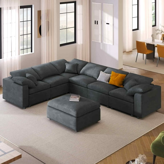 U_Style 124.8" Extra Large 7-Seater Modular Sectional Sofa with L-Shape Design & Movable Ottoman, Plush Chenille Fabric + Solid Pine Wood Frame for Living Room, Office, Spacious Space Gray