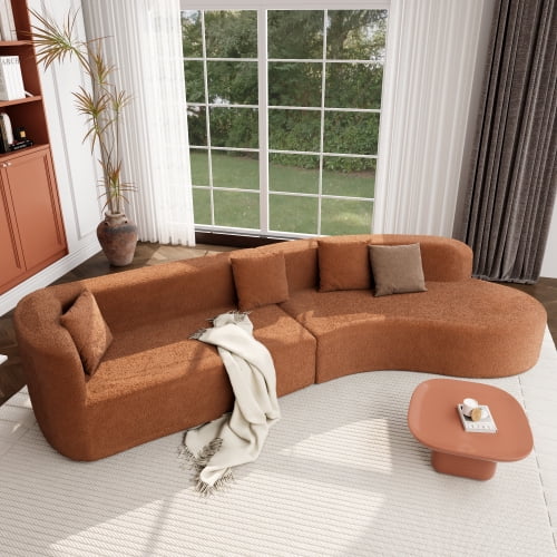 U_Style 132-inch Modern Sectional Sofa with Curved Design, 2-Piece Chenille Modular Couch with 4 Pillows, No Assembly Required, Plush Sponge & Spring Cushion for Living Room, Orange