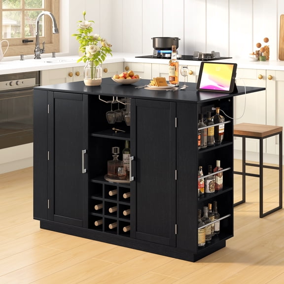 U-Style Wine Rack Cabinet - 47.2" Counter Height Table with Foldable Top & Power Outlet