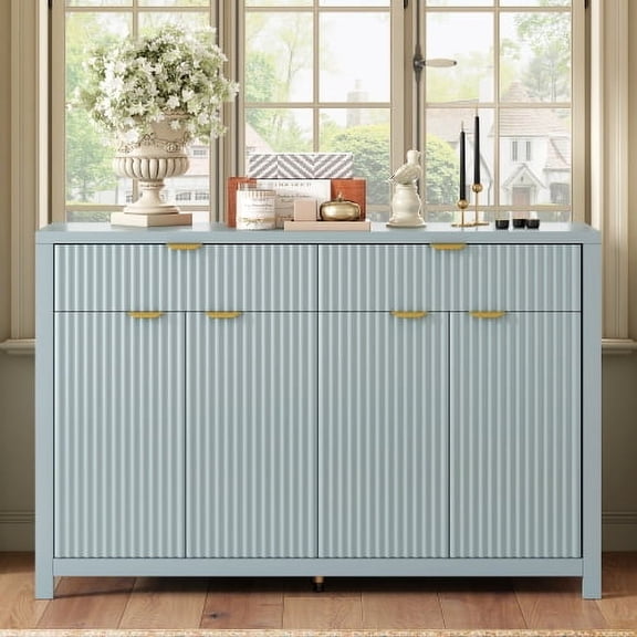 U-Style 55.1" Scandinavian Sideboard Buffet Cabinet with 2 Drawers, 4 Doors, Adjustable Shelves, Wave Panel Design, Storage Cabinet for Dining Room, Living Room, Kitchen, Cyan