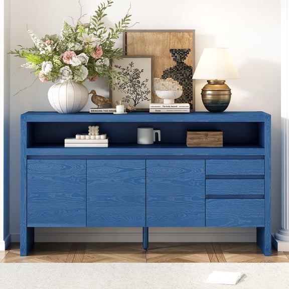 U_Style 60" 3-Door Sideboard with 3 Drawers - Modern Solid Ash Veneer MDF Sideboard, Semi-Open Shelf & Center Semi-Circular Cutout in Back Panel, Large Storage Cabinet for Living Room, Hallway, Dini
