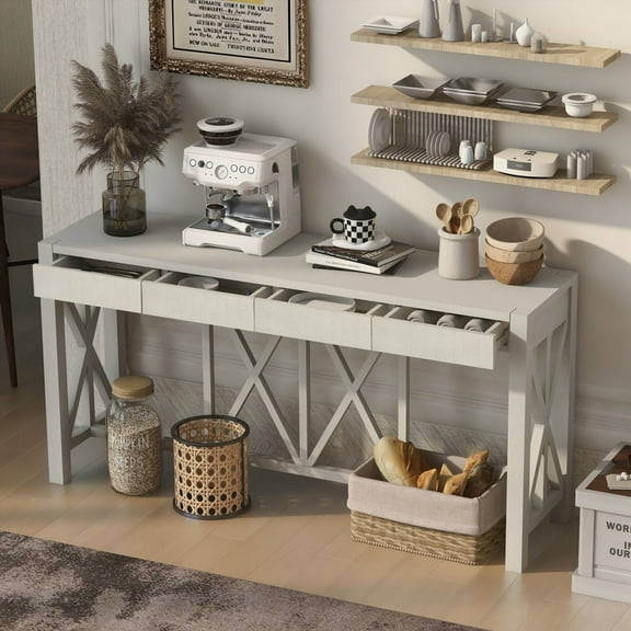 U_Style 60'' Acacia Veneer Console Table with 4 Spacious Drawers | Farmhouse Design