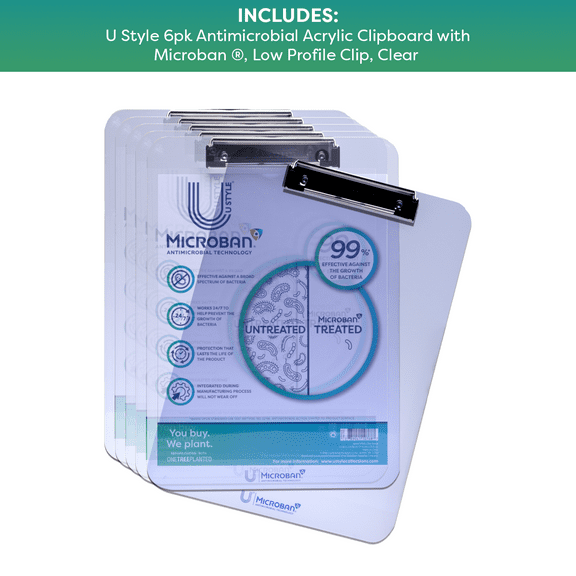 U Style 6pk Antimicrobial Acrylic Clipboard with Microban ®, Clear Acrylic, 6 Pack