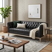 U-Style 79" Mid Century Modern Chesterfield Sofa, 3 Seater Faux Leather Couch with Button Tufting & Solid Pine Wood Legs, Vintage Living Room Sofa for Living Room, Apartment & Office, Black