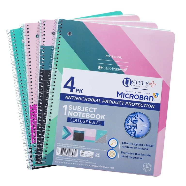 U Style Antimicrobial 1 Subject Notebook with Microban®, 80 Sheets, College Ruled, 4 Pack, Fashion - Walmart.com U Style Antimicrobial 1 Subject Notebook with Microban®, 80 Sheets, College Ruled, 4 Pack, Fashion - Walmart.com