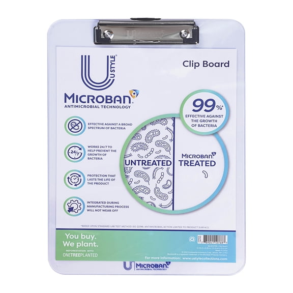 U Style Antimicrobial Acrylic Clipboard with Microban ®, 12.44" x 8.89", Low Profile Clip, Clear