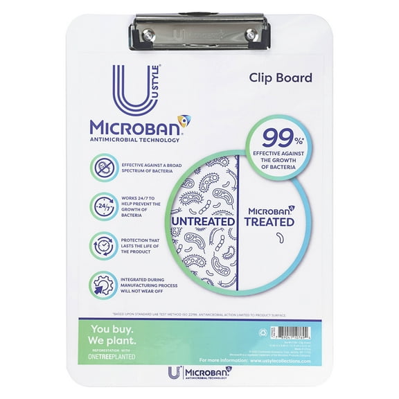 U Style Antimicrobial Acrylic Clipboard with Microban ®, 12.44" x 8.89", Low Profile Clip, White