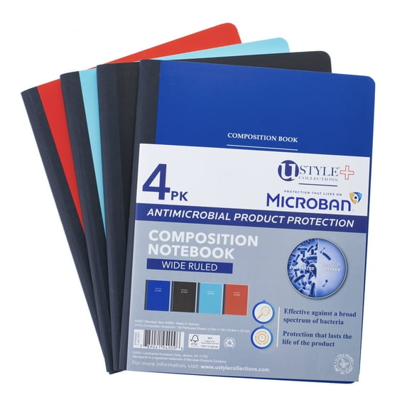 U Style Antimicrobial Composition Book with Microban®, 100 Sheets, Wide Ruled, 4 Pack, 4909