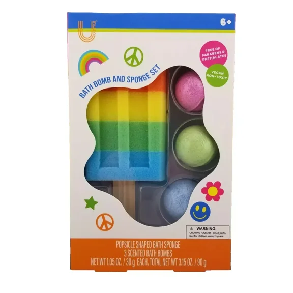U Style Bath Bomb and Sponge Set - Popsicle Shaped Sponge & 3 Scented Bombs (Vanilla, Strawberry, Apple)