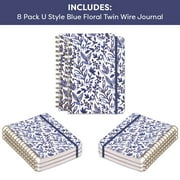 U Style Blue Floral Twin Wire Journal, 6.1" x 8.6", 100 Sheets with Elastic Bungee, Pack of 8