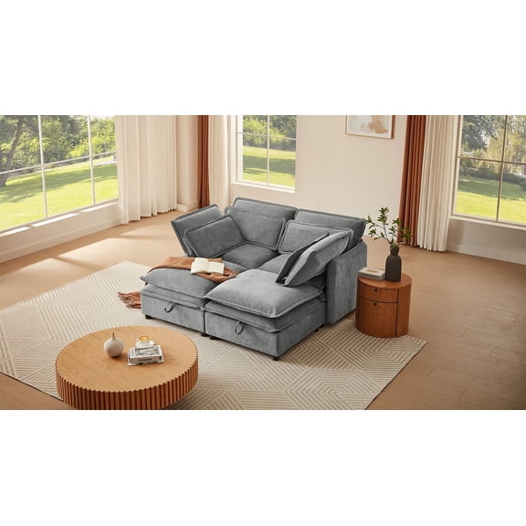 U_Style Grey Polyester 4-Seater Modular Sofa: Dual-Layer Cushions, Built-in Storage, Flexible Configuration, Modern Design for Living Rooms & Apartments