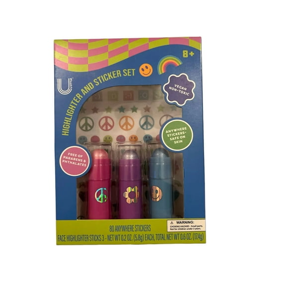 U Style Highlighter and Sticker Set-80 Stickers & 3 Face Highlighter Sticks