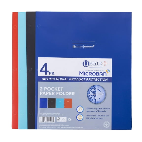 U Style Microban Two-Pocket Paper Folder, 11x9.5, Assorted, 4 per Pack, 4917