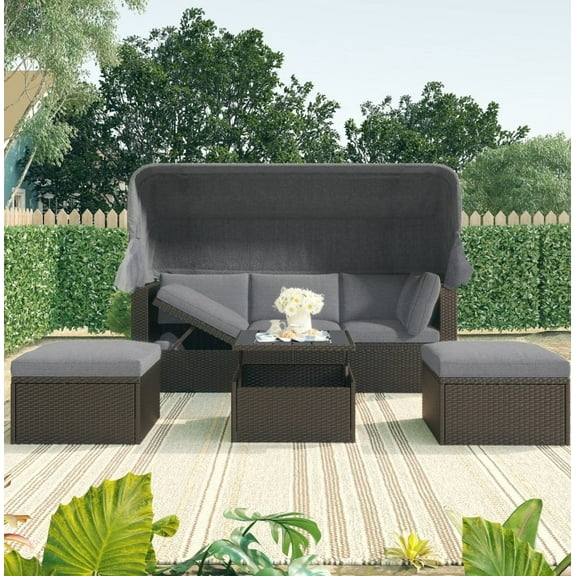 U Style Patio Rectangle Daybed With Canopy, Wicker Sectional Seating