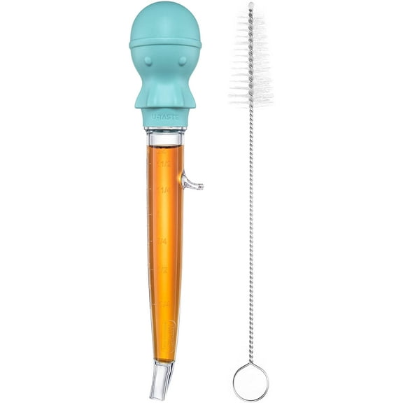 U-Taste 1.5oz Angled Turkey Baster - 228.2°F Heat Resistant Food Grade Tritan and Silicone Large Octopus Bulb Baster Set with Cleaning Brush for Cooking Basting Meat Poultry Beef Chicken (Aqua Sky)