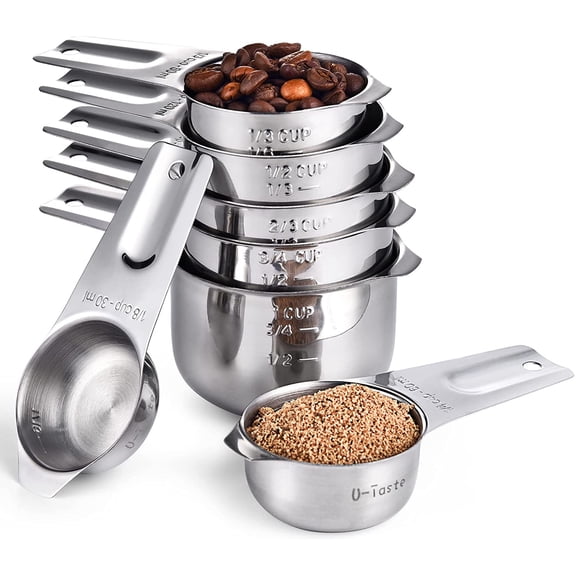 U-Taste 18/8 Stainless Steel Measuring Cup Set of 7, Kitchen Baking Cooking 7 Piece Measure Cups for Dry and Liquid Ingredients: 1/8 Cup, 1/4 Cup, 1/3 Cup, 1/2 Cup, 2/3 Cup, 3/4 Cup, 1 Cup