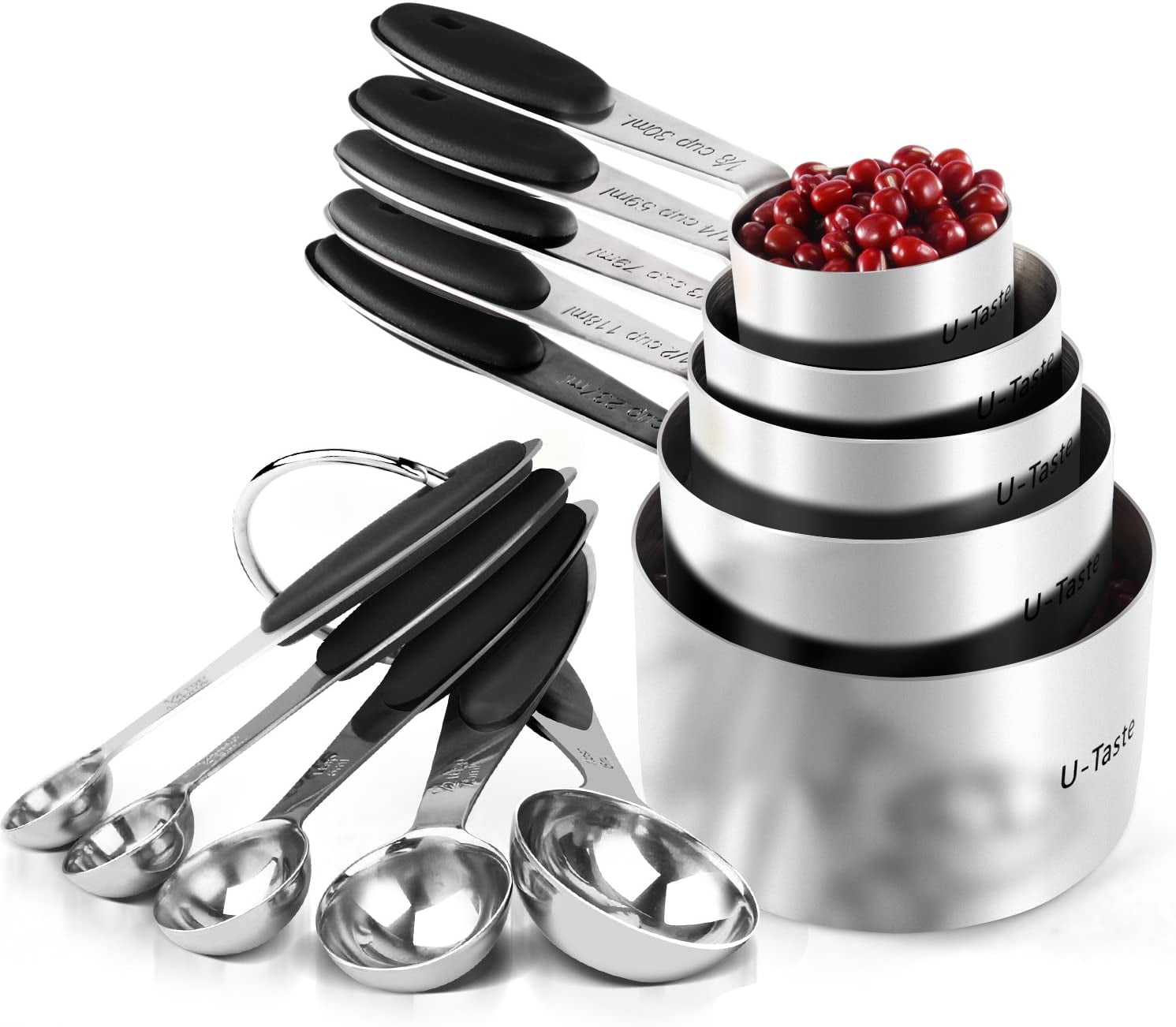 U-Taste 18/8 Stainless Steel Measuring Cups and Spoons Set: 10-Piece Metal Stacking Measure Set for Baking Cooking with Strengthened Welds (Black)