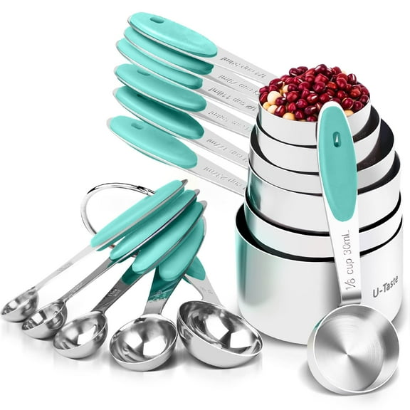 U-Taste 18/8 Stainless Steel Measuring Cups and Spoons Set: 12-Piece Metal Stacking Measure Set for Baking Cooking with Strengthened Welds (Aqua Sky)