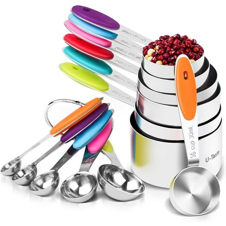 U-Taste 18/8 Stainless Steel Measuring Cups and Spoons Set: 12-Pcs Metal Stacking Measure Set for Baking Cooking with Strengthened Welds (Multicolor)