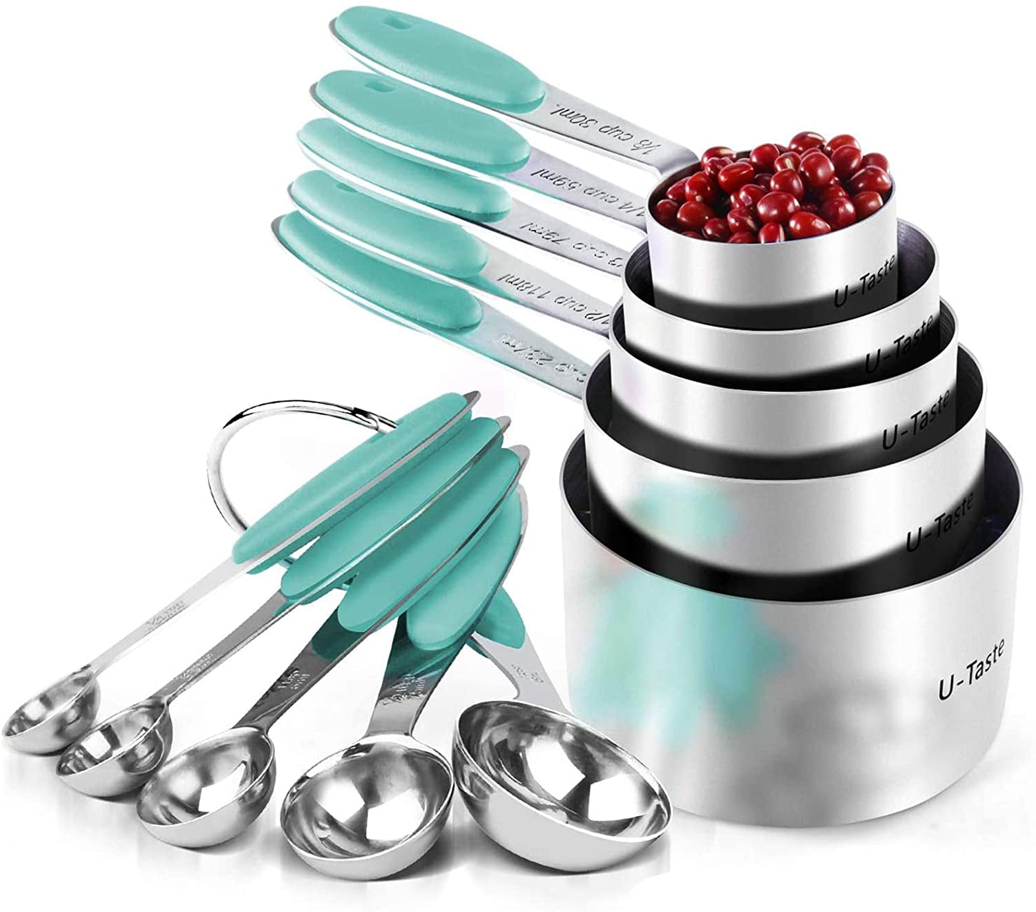 U-Taste 18/8 Stainless Steel Measuring Cups and Spoons Set: 10-Piece Metal Stacking Measure Set for Baking Cooking with Strengthened Welds (Aqua Sky)
