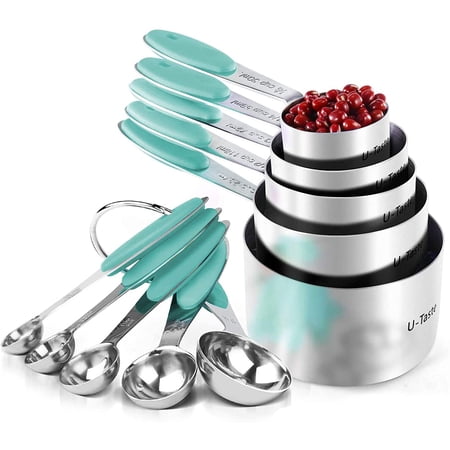 U-Taste 18/8 Stainless Steel Measuring Cups and Spoons Set: 10-Piece Metal Stacking Measure Set for Baking Cooking with Strengthened Welds (Aqua Sky)