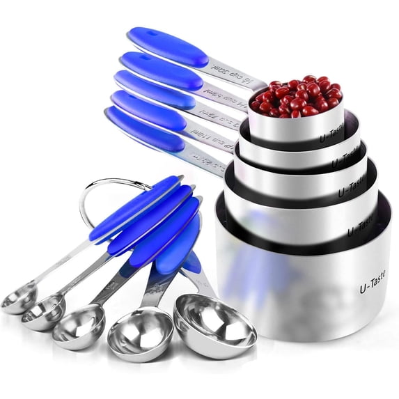 U-Taste 18/8 Stainless Steel Measuring Cups and Spoons Set: 10-Piece Metal Stacking Measure Set for Baking Cooking with Strengthened Welds (Blue)
