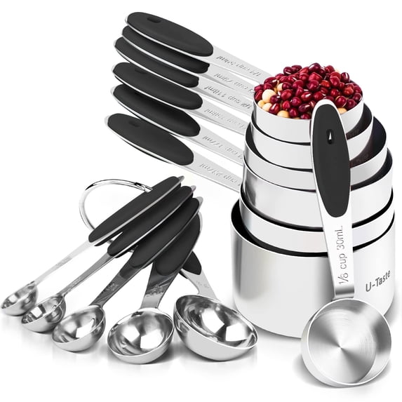 U-Taste 18/8 Stainless Steel Measuring Cups and Spoons Set: 12-Piece Metal Stacking Measure Set for Baking Cooking with Strengthened Welds (Black)