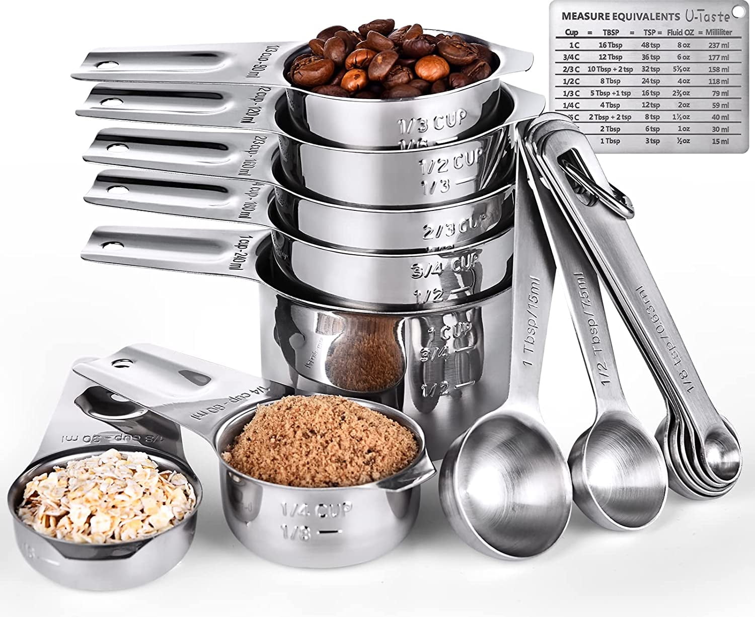 U-Taste 15-Piece 18/8 Stainless Steel Measuring Cups and Spoons Set ...