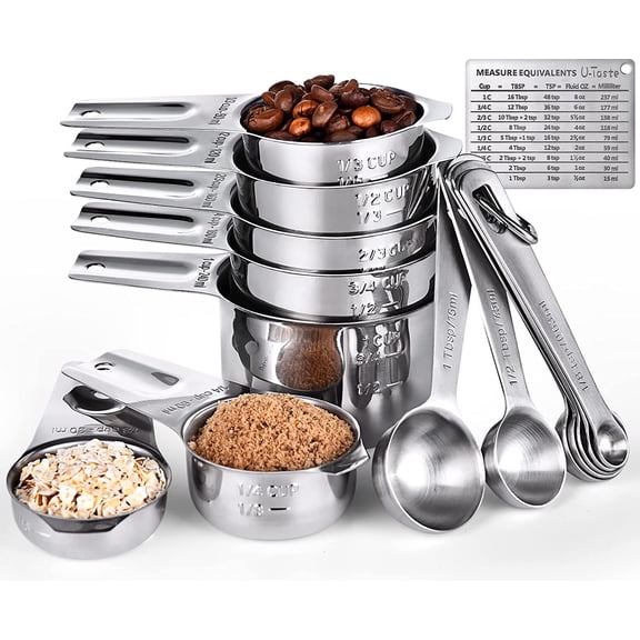 U-Taste 18/8 Stainless Steel Measuring Cups and Spoons Set of 15 (7 Cups, 7 Spoons, 1 Chart)