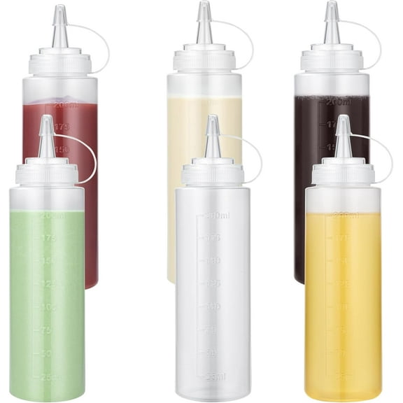 U-Taste 8oz Condiment Squeeze Bottles: Sauce Bottles with Twist on Caps and Measurement, Leakproof Squirt Reusable Plastic Oil Container Dispenser for Ketchup, BBQ, Salad, Dressing (Pack of 6)