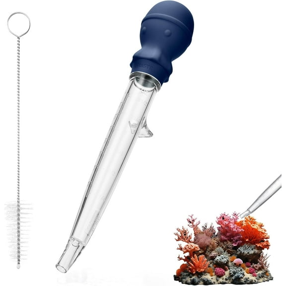 U-Taste Aquarium Pipette Cleaner: 1.5oz Coral Feeder for Fish Tank Cleaning, Manual Feeding Tube, Food Grade Siphon Dropper, Waste Remover with Strong Suction & Stand & Brush (11.98in, Midnight Blue)