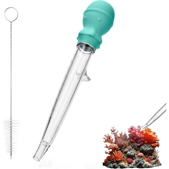 U-Taste Aquarium Pipette Cleaner: 1.5oz Coral Feeder for Fish Tank Cleaning, Manual Feeding Tube, Food Grade Siphon Dropper, Waste Remover with Strong Suction & Stand & Brush (11.98in, Aqua Sky)