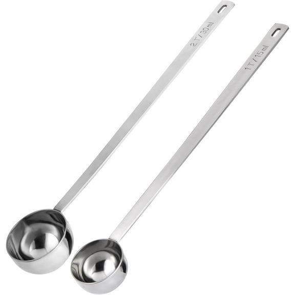 U-Taste Coffee Scoop 1 & 2 Tablespoon: 18/8 Stainless Steel Measuring Scooper for Ground Coffee, Bean, Powder, Espresso, 8.5in Long Handle Metal Meaure Spoon for Canister, Jar (15ml+30ml, Silver)