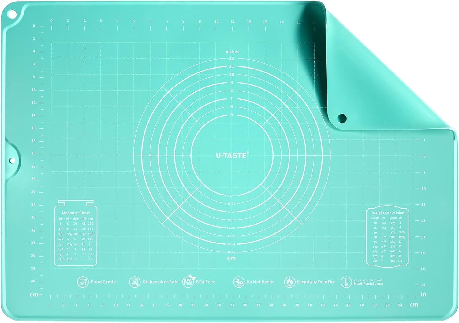 U-Taste Large Silicone Pastry Mat: 20inx28in Food-Grade Non-Stick Dough Rolling Baking Sheet, Non Slip for Kneading Prep Pizza, Fondant, Pie Crust with Clear Measurement and Raised Edge (Aqua Sky)