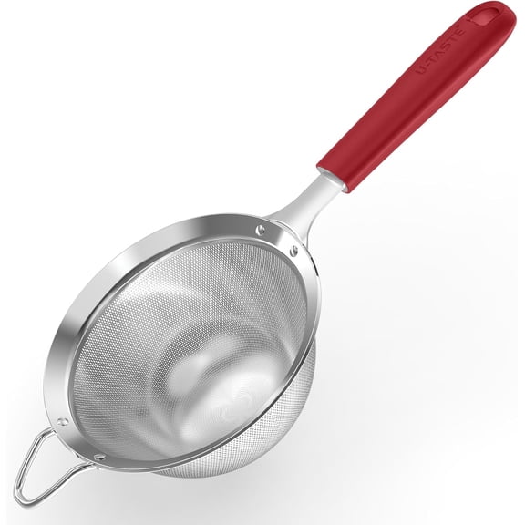 U-Taste Medium Fine Mesh Strainer: 18/8 Stainless Steel 4.73in 30 Mesh Kitchen Food Sieve with Sturdy Riveted Silicone Handle, Heavy Duty Deep Handheld Metal Colander for Rice, Quinoa (Red)