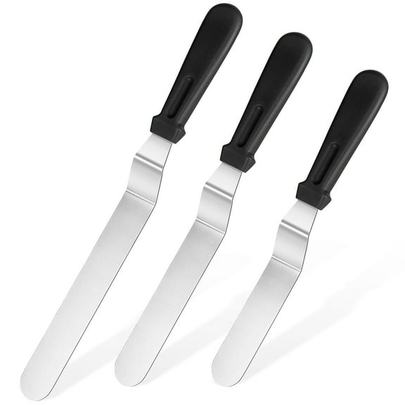 U-Taste Offset Spatulas Set of 3, 420 Stainless Steel Metal Angled Icing Spatula Spreader Smoother with 6/8/10 inches Length Blade and PP Plastic Handle for Cake Decorating Frosting Baking (Black)