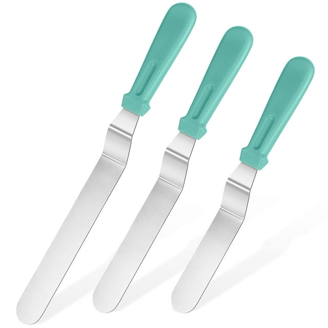 U-Taste Offset Spatulas Set of 3, 420 Stainless Steel Metal Angled Icing Spatula Spreader Smoother with 6/8/10 inches Length Blade and PP Plastic Handle for Cake Decorating Frosting Baking (Aqua Sky)