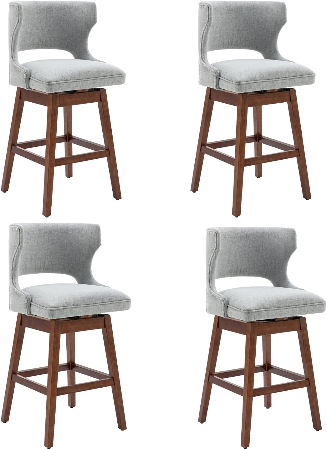 Vipbear Swivel Bar Stools With Back Set Of 2,26 Inch Linen Upholstered Counter Height Bar Stools For Kitchen Island, Round Footrest, Solid Wood Legs