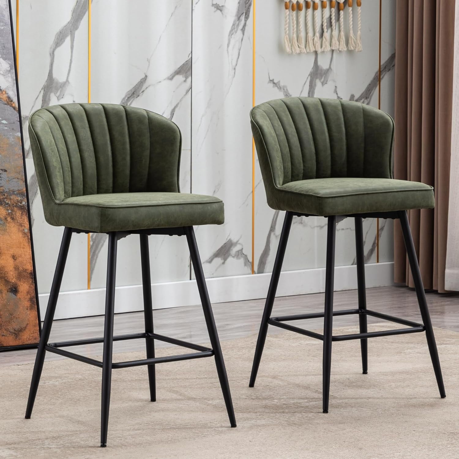 UToBe Green Counter Height Bar Stools Set of 2 Modern Leather Counter