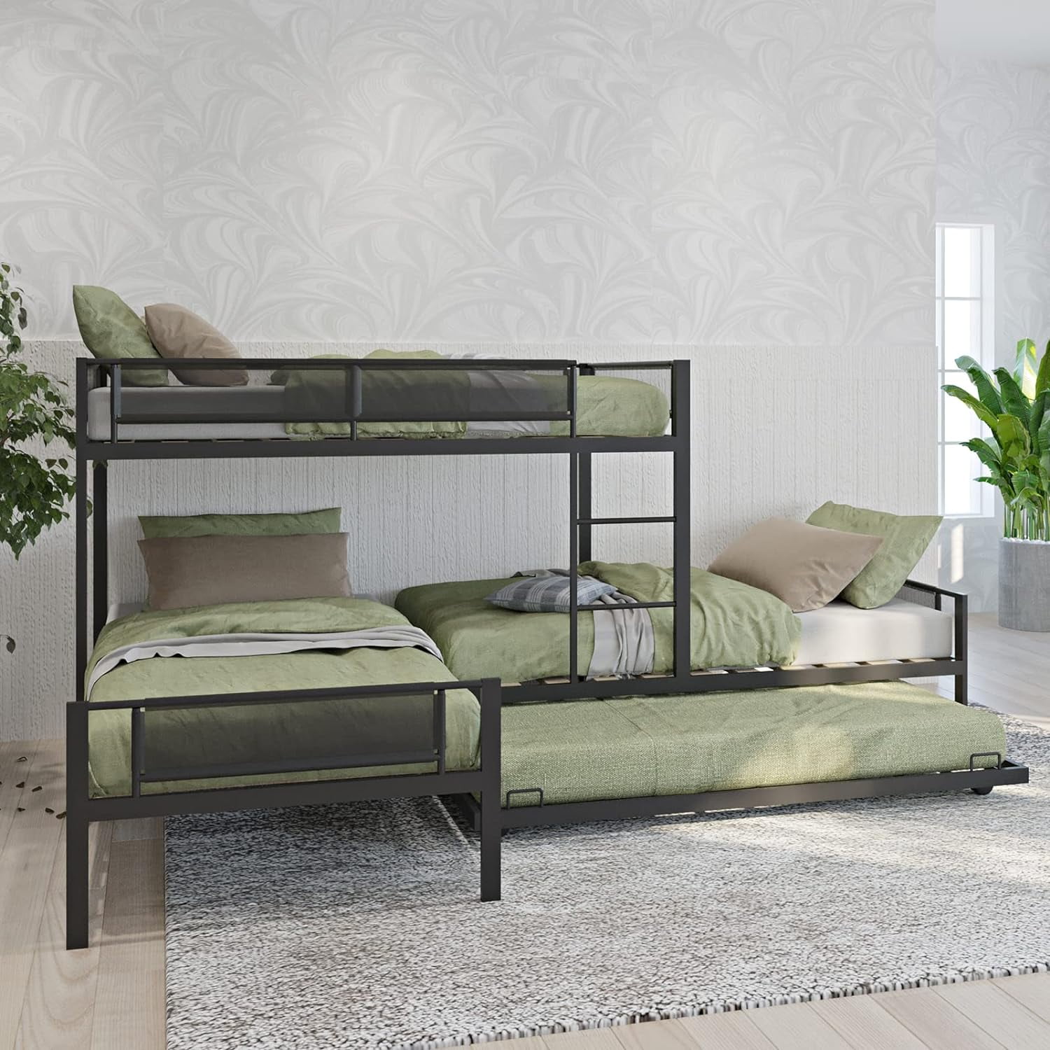 UToBe LShape Triple Bunk Bed with Trundle, Metal Quad Bunk Beds Twin