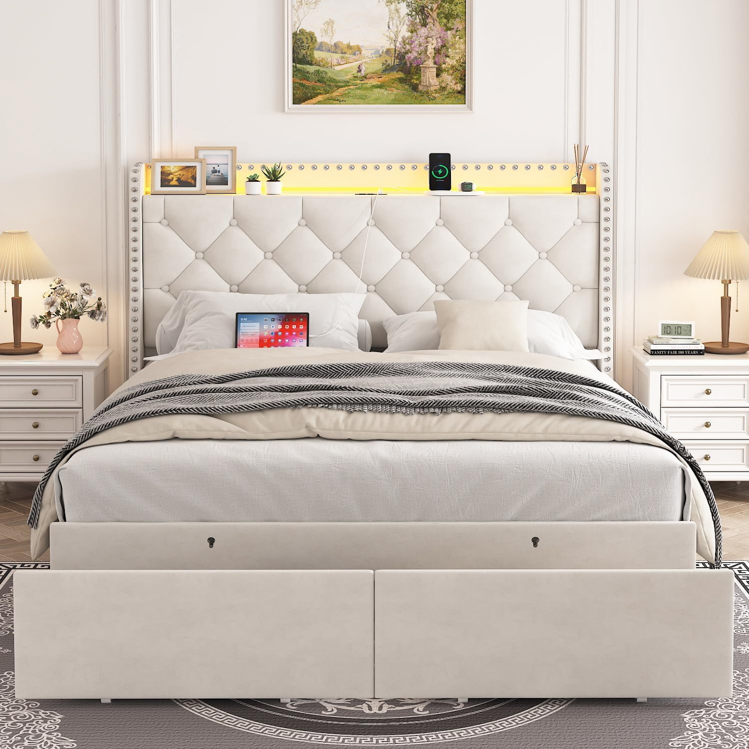 UToBe Queen Size Bed Frame with Storage Drawers, Upholstered Bed Frame