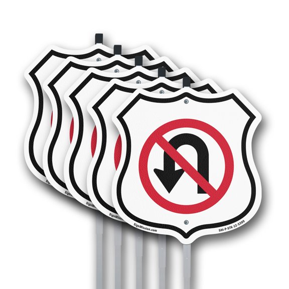 No U-Turn Symbol (5 Pack) 12 inch X 12 inch Shield Shaped Rust-Free Aluminum Metal Signs with Aluminum Mounting Stakes Weather Resistant Made in the USA