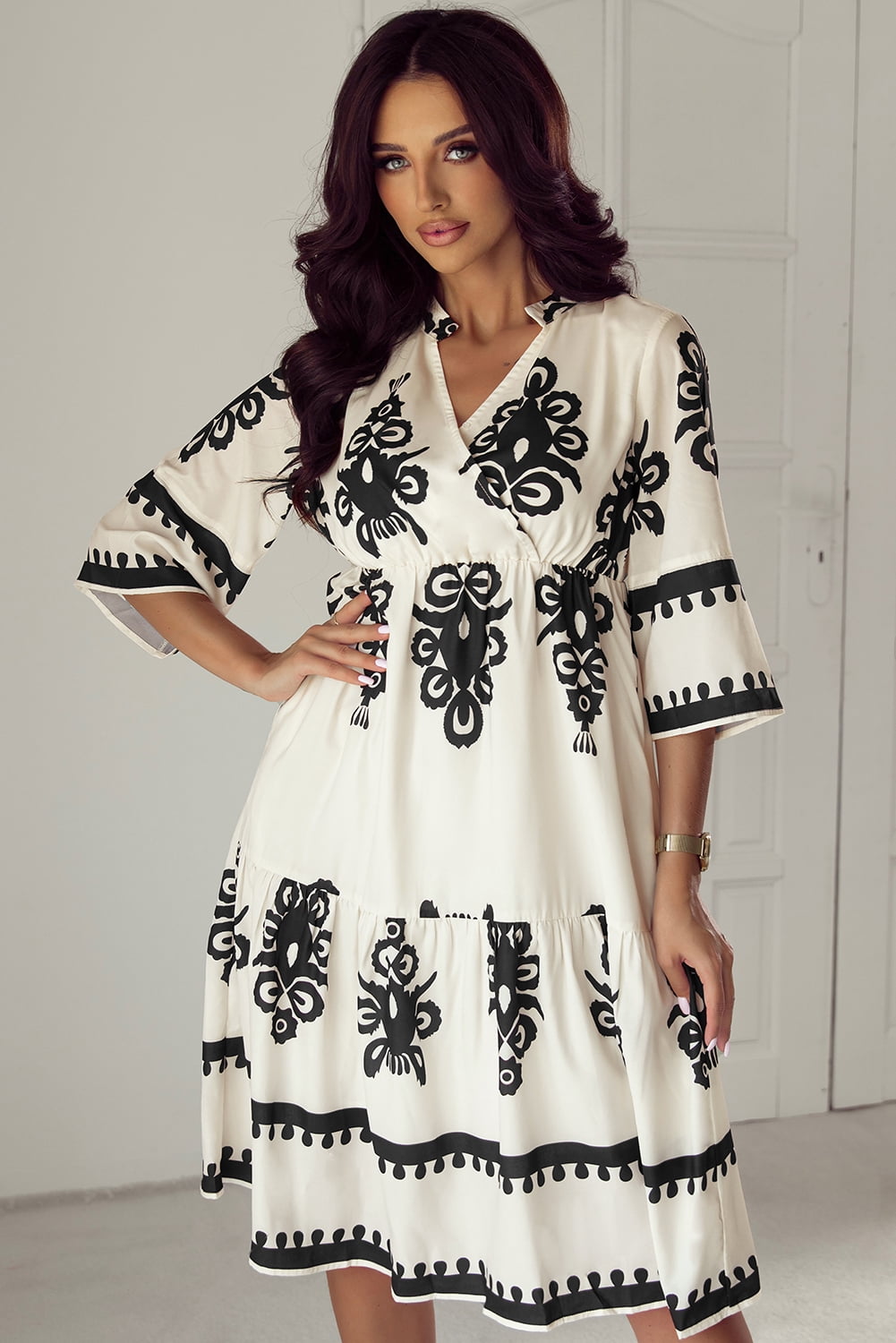 Western Geometric 3/4 Sleeve Midi Dress main image 0