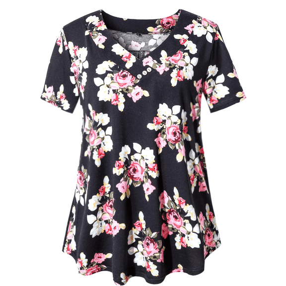 U.Vomade Women’s Short Sleeve V Neck Floral Blouses Henley Shirt Tunic Tops Plus Size M-4X
