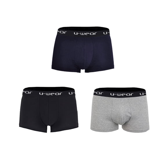 U-Wear Men’s Cotton Underwear Boxer Shorts 3 Pack Briefs For Men, Black/Gray/Navy, S